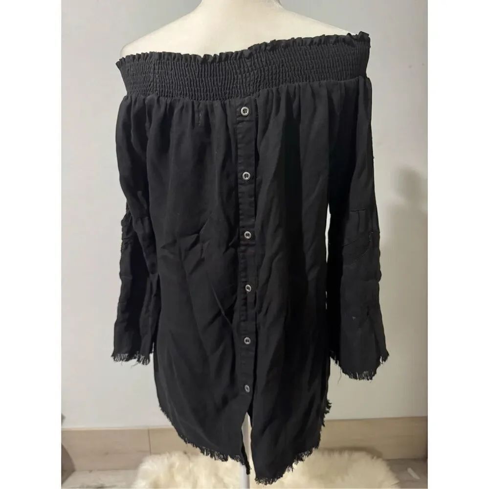 Billy T Black off the shoulder boho fridge edge embroidered Top S - Picture 6 of 7